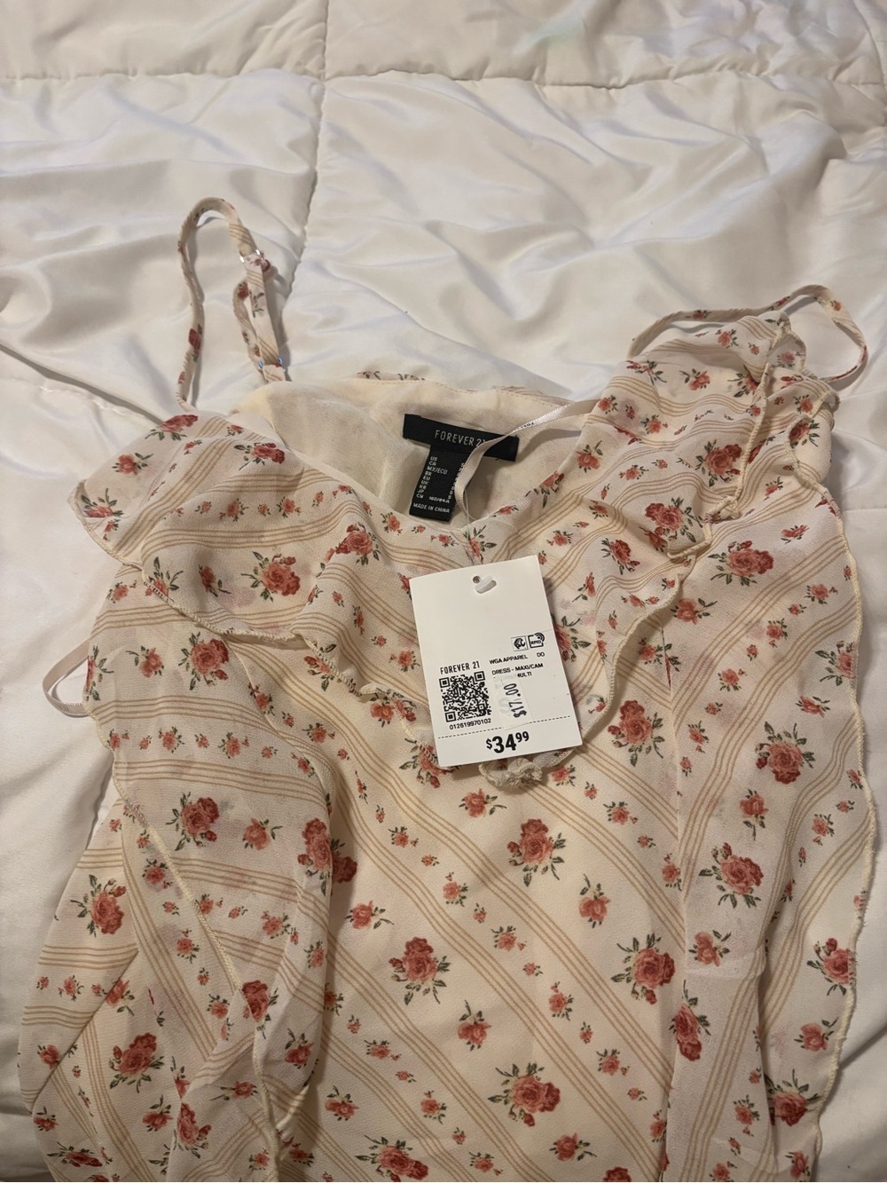 Forever 21 cream floral long dress with ruffles & slit